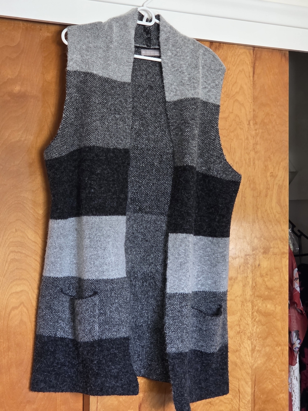 Striped Sleeveless Open Front Knit Vest in Gray and Black